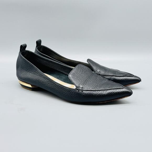 Nicholas Kirkwood Shoes Womens 5.5 Black Leather Loafer Beya Pointed Toe Gold - Picture 2 of 13